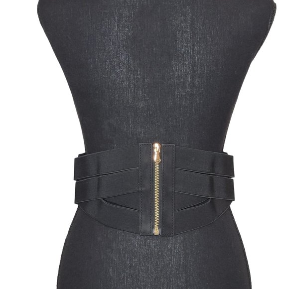 Black Wide Corset Wide Waist Corset Cinch Belt Leather Gold Metal Zipper - Picture 4 of 8